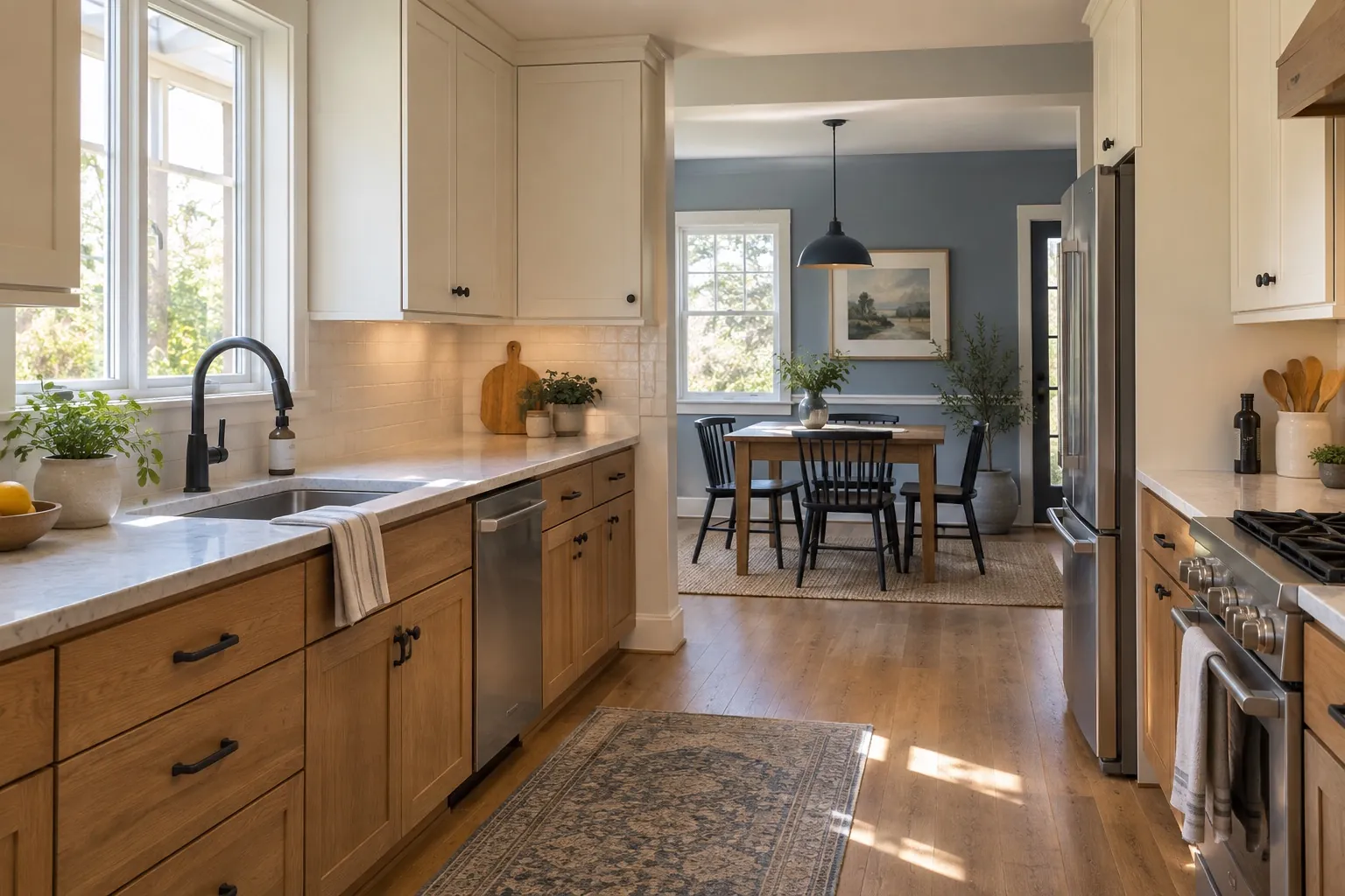 Illustrative kitchen renovation with oak cabinets and natural light