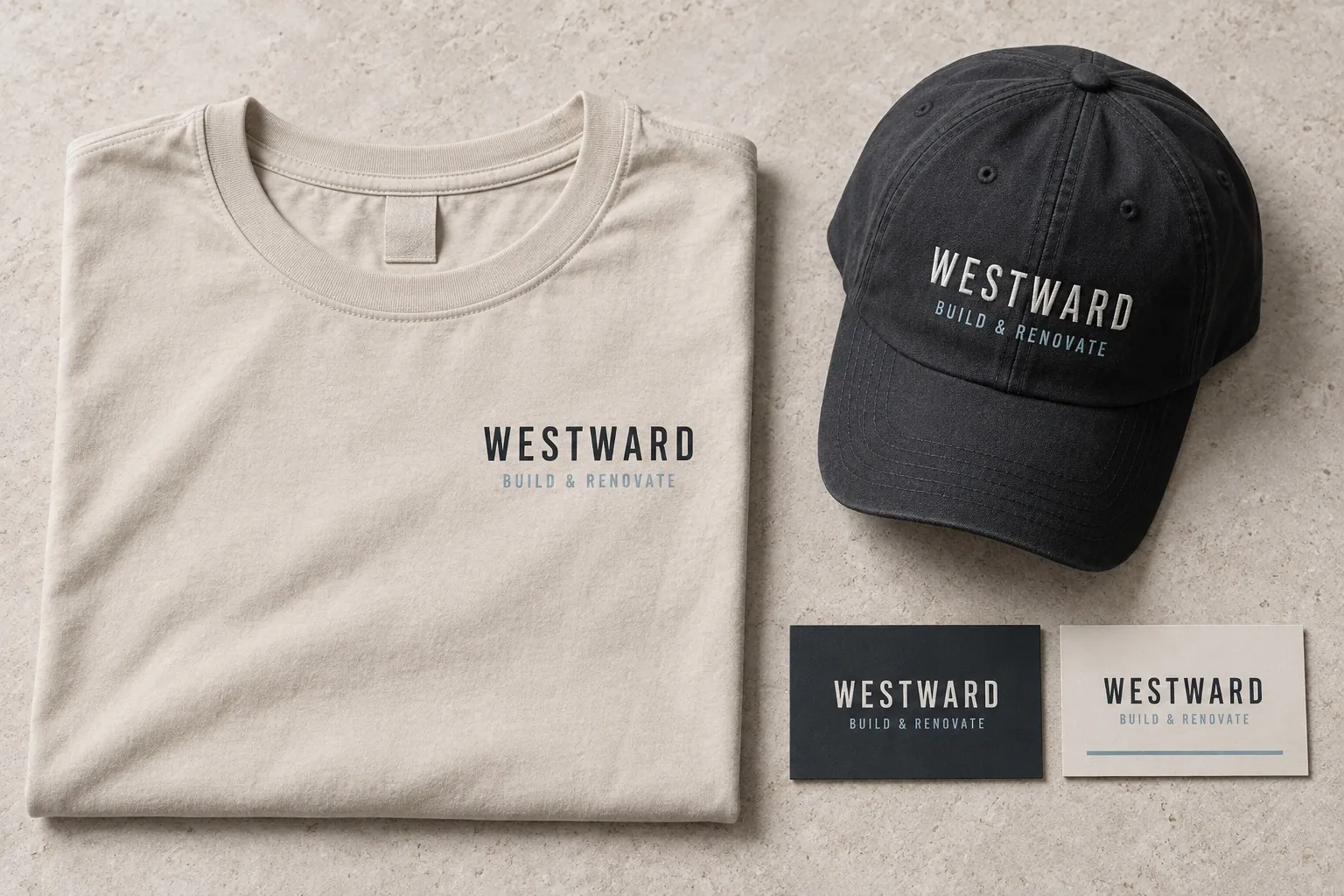 Westward renovation branding on a stone work shirt, charcoal cap and coordinated business cards